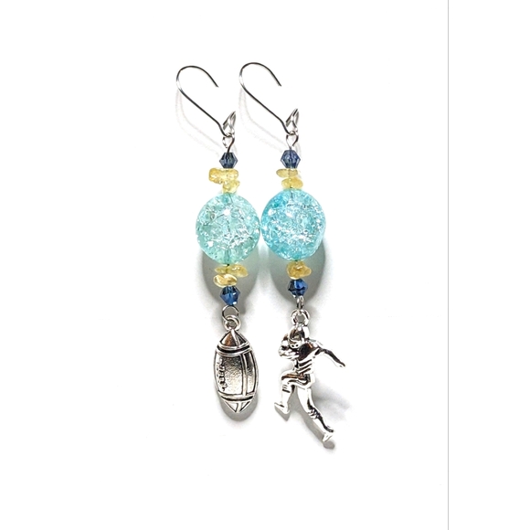 Blue and Yellow Gemstone Chip football earrings - Picture 1 of 1